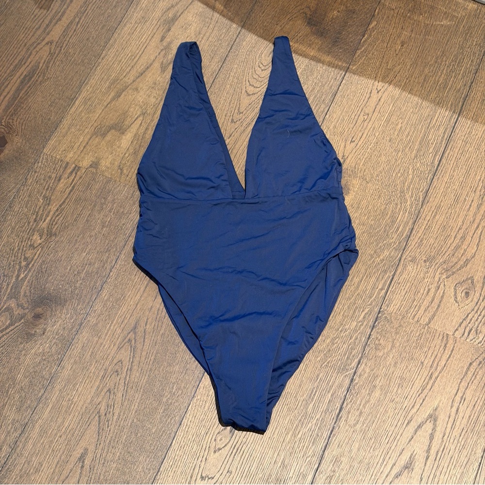 Deep V One-Piece Swimsuit in Navy